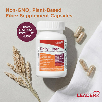 Leader Daily Psyllium Husk Powder Supplement, 3-in-1 Fiber for Digestive Health, Plant Based, 100% Natural, Compare to Metamucil Multihealth, 100 Capsules, Pack of 1