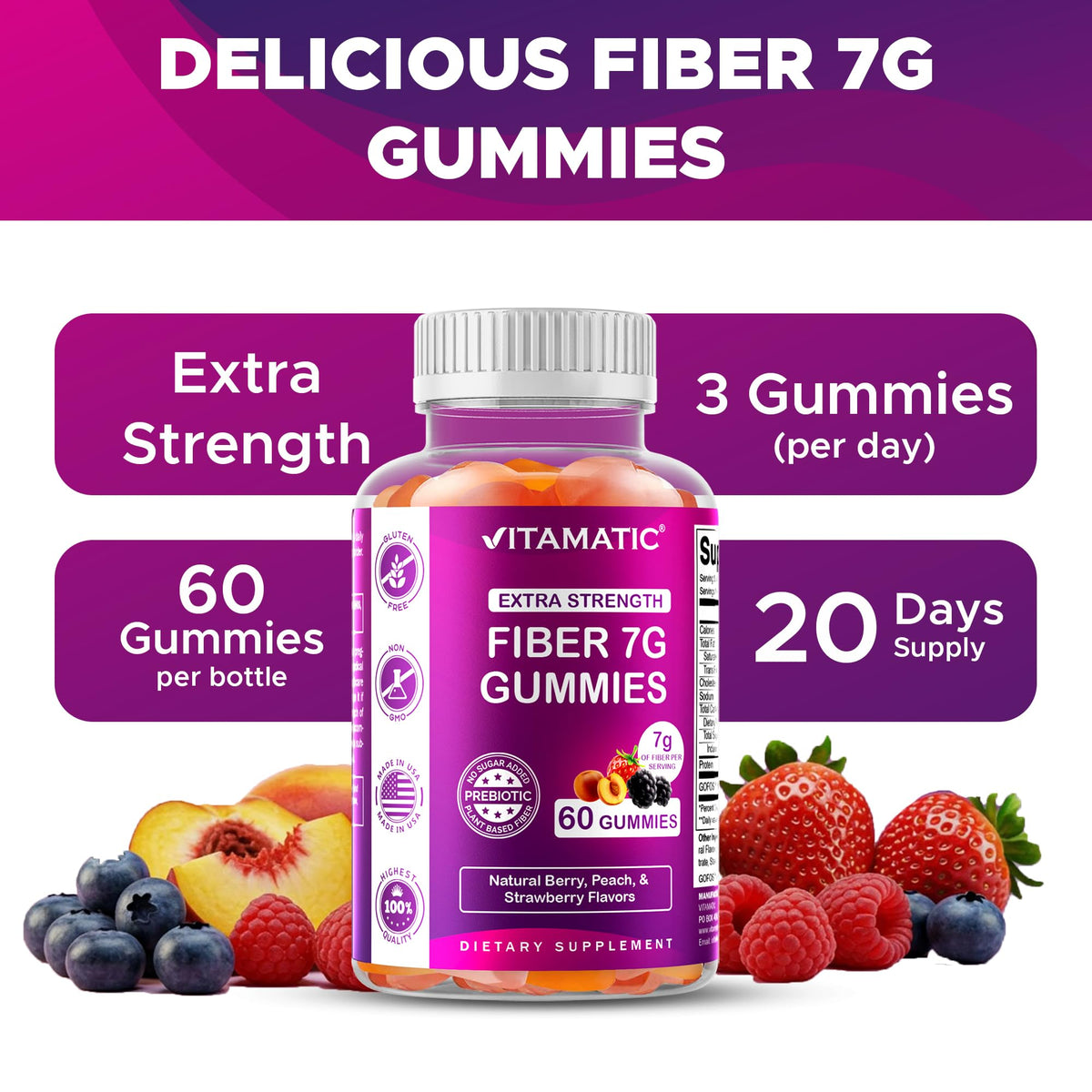 Vitamatic Prebiotic Fiber Gummies for Adults - 2 Pack (Total 120 Gummies) 7g Fiber per Serving - Extra Strength - Zero Sugar Added - Pectin-Based - Digestive Health & Regularity Support