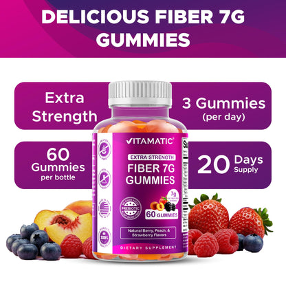 Vitamatic Prebiotic Fiber Gummies for Adults - 2 Pack (Total 120 Gummies) 7g Fiber per Serving - Extra Strength - Zero Sugar Added - Pectin-Based - Digestive Health & Regularity Support
