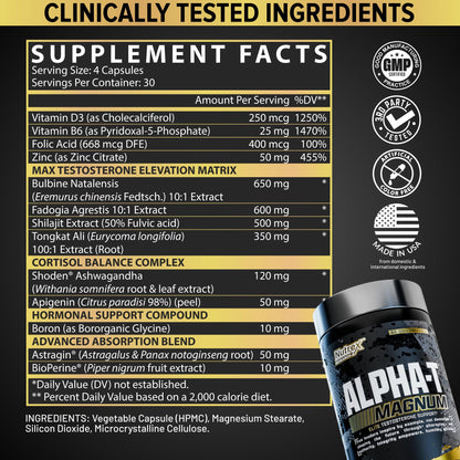 Testosterone Support for Men - Tongkat Ali, Fadogia, Shilajit & Ashwagandha - Muscle, Strength & Hormone Balance Supplement - Nutrex Alpha-T Magnum