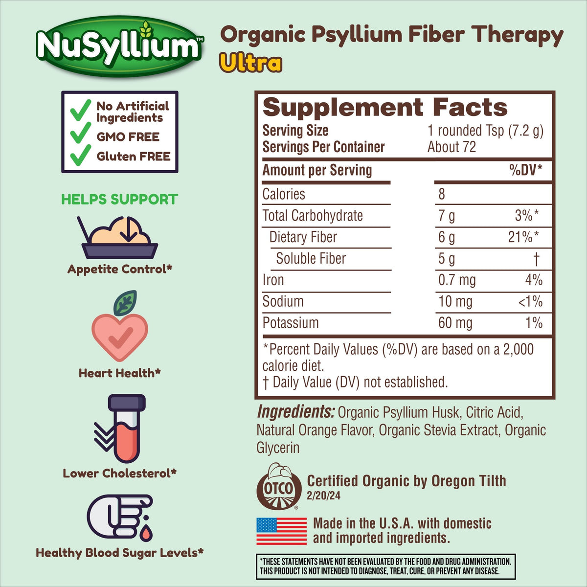 NuSyllium Ultra Psyllium Husk Powder, USDA Organic, Sugar Free Keto-Friendly Fiber Supplement, Promotes Digestive Health* Orange, 72 Servings