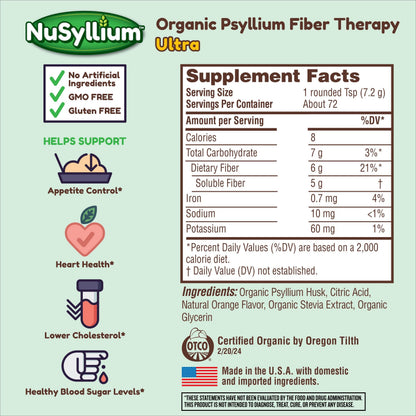 NuSyllium Ultra Psyllium Husk Powder, USDA Organic, Sugar Free Keto-Friendly Fiber Supplement, Promotes Digestive Health* Orange, 72 Servings