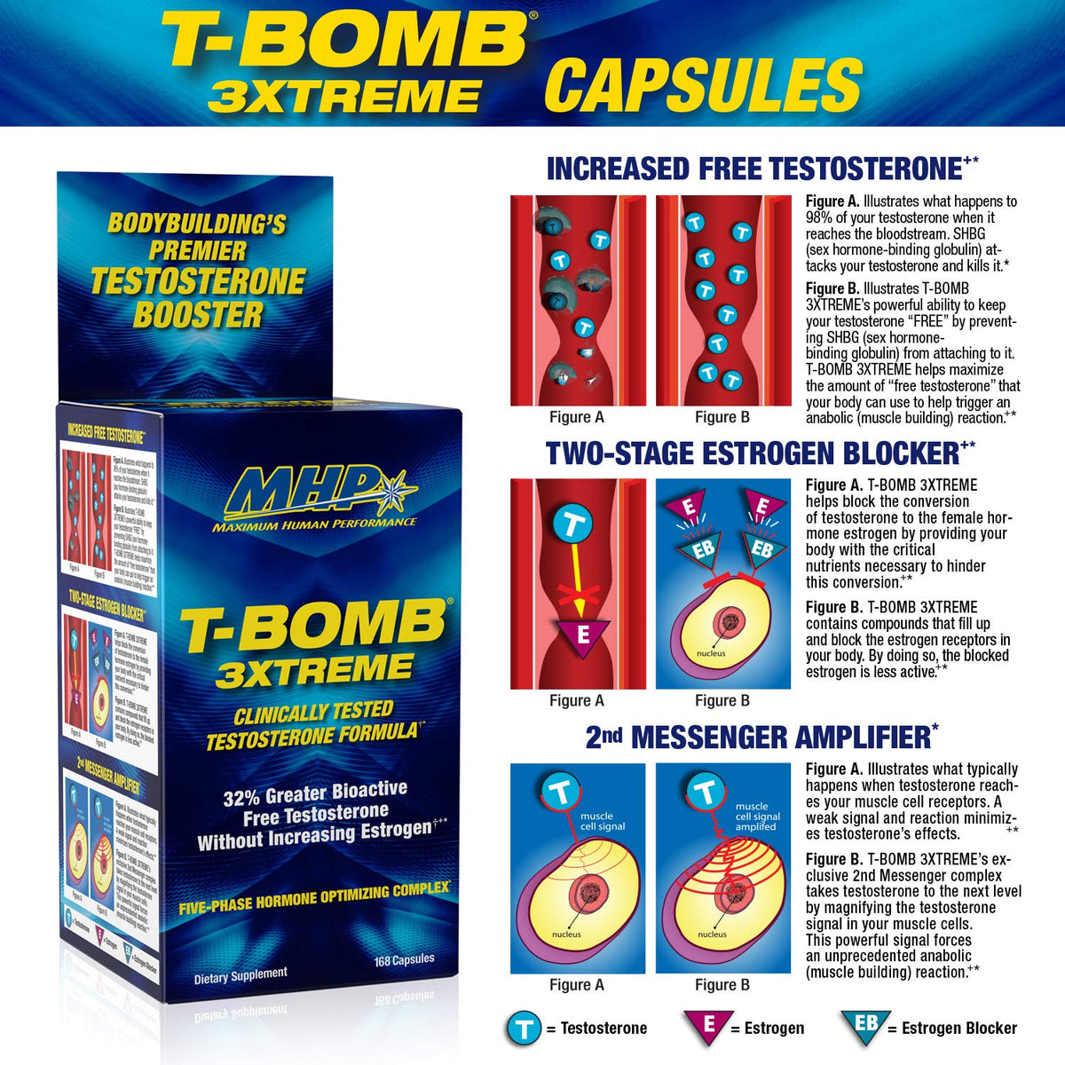 Clinically Tested Testosterone Booster for Men - Libido, Energy & Performance Support Formula - MHP T-Bomb 3Xtreme (168 Tablets)