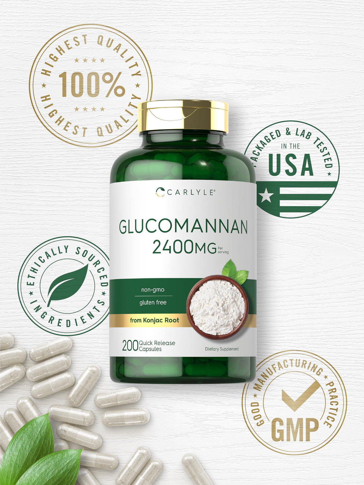 Carlyle Glucomannan Capsules - 200 Count - from Konjac Root - Soluble Fiber Pills - Non-GMO, Gluten Free Supplement