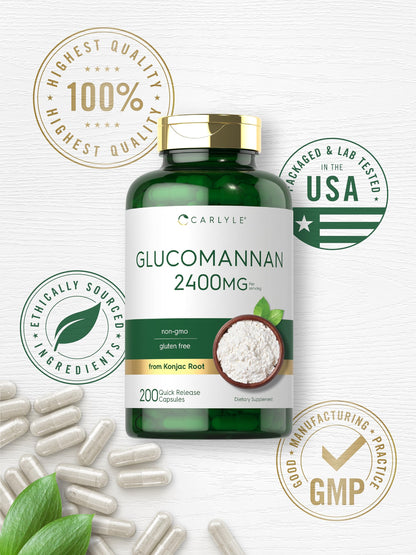 Carlyle Glucomannan Capsules - 200 Count - from Konjac Root - Soluble Fiber Pills - Non-GMO, Gluten Free Supplement