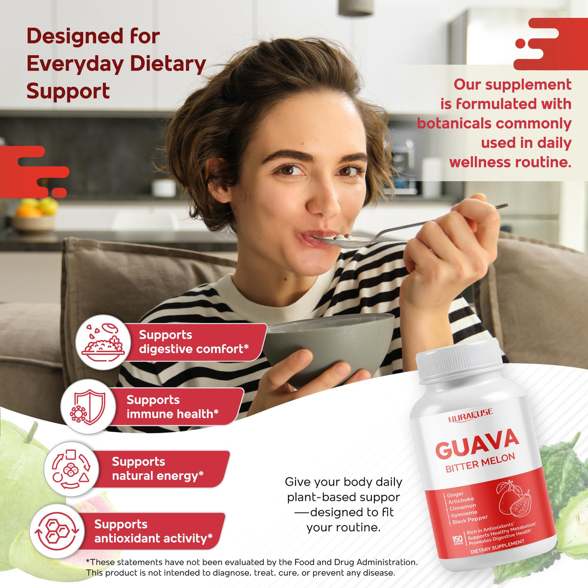 NURAFUSE Guava Extract & Bitter Melon Supplement - Metabolism & Digestive Support with Ginger, Cinnamon & Gymnema - 150 Capsules