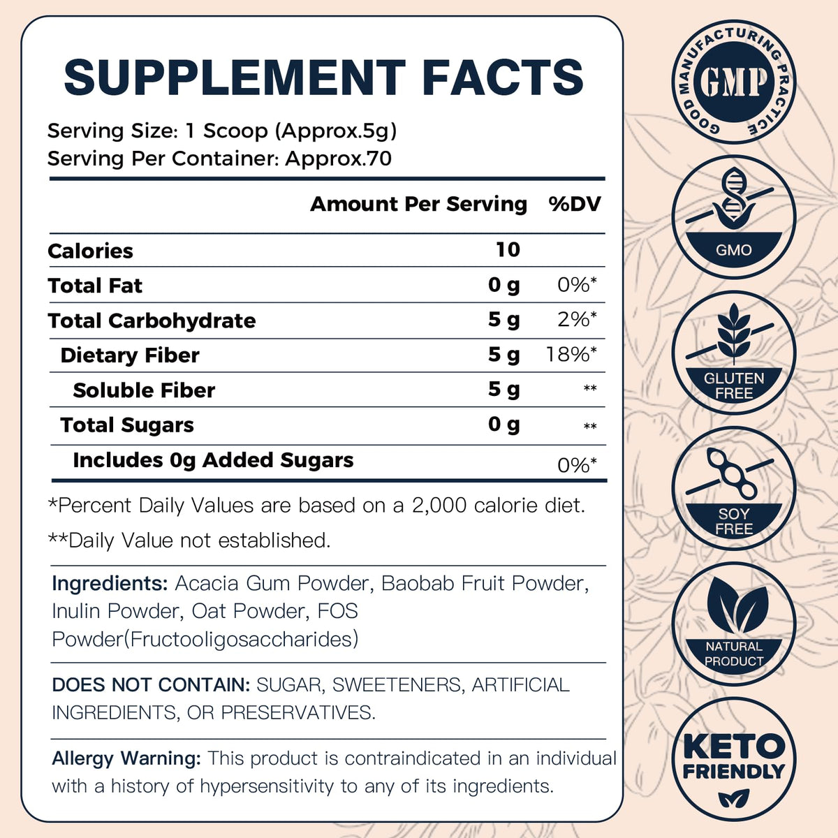DRFOSTER Prebiotic Fiber Powder Unflavored - Soluble Fiber Supplement with Acacia Fiber & Inulin Powder for Digestive Health and Regularity - 5g Per Scoop, 70 Servings - Gluten & Sugar Free, Vegan
