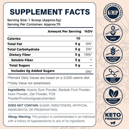 DRFOSTER Prebiotic Fiber Powder Unflavored - Soluble Fiber Supplement with Acacia Fiber & Inulin Powder for Digestive Health and Regularity - 5g Per Scoop, 70 Servings - Gluten & Sugar Free, Vegan