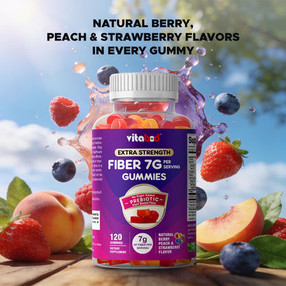 Vitabod Fiber Gummies 7G Per Serving for Digestive Health & Regularity, Prebiotic GOFOS Plant-Based Fiber, No Sugar Added, Vegan, Berry Peach Strawberry, 120 Gummies (Adults, Women & Men)