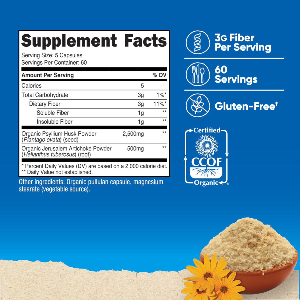 Nutricost Fiber Capsules with Prebiotic Fiber Supplement 300 Capsules - Made with Organic Psyllium Husk & Organic Jerusalem Artichoke, 60 Servings, Gluten Free, 3 G Per Serving