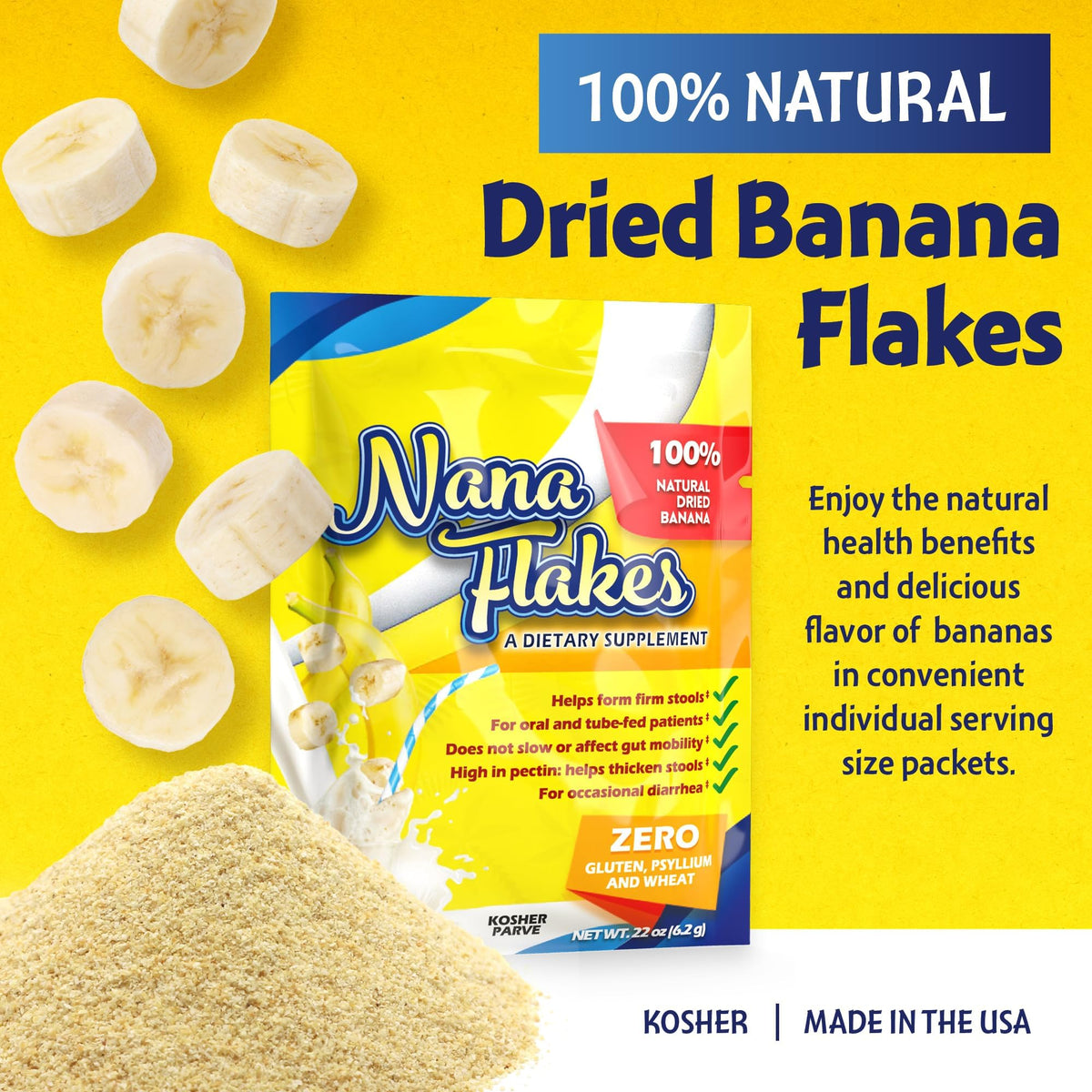 Nana Flakes 100% Pure Banana Flakes Medical Food Powder - Decrease Fat Intake & Natural Remedy for Diarrhea & Heart Burn - Great Source of Protein& Fiber (100 Single-Serve Packs)
