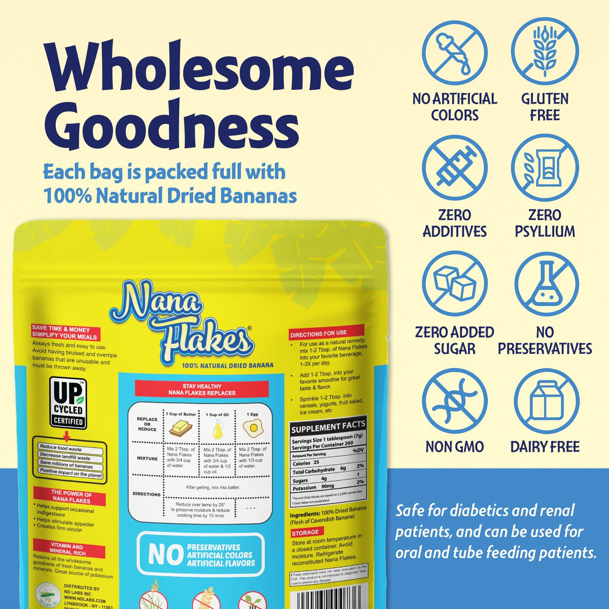 Nutritional Designs Nana Flakes 100% Natural Banana Powder, Digestive Support - Source of Potassium & Fiber - Substitute for Eggs, Butter, or Oil in Baking (2LB Bag)