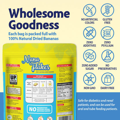Nutritional Designs Nana Flakes 100% Natural Banana Powder, Digestive Support - Source of Potassium & Fiber - Substitute for Eggs, Butter, or Oil in Baking (2LB Bag)
