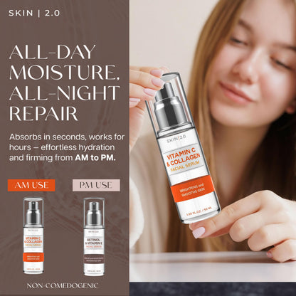 Skin 2.0 Retinol & Vitamin E + Collagen & Vitamin C Serum For Face - Dermatologist Tested, Anti Aging, Korean Skin Care - Smooths Lines, Firms, Hydrates, Revitalizes - Vegan, Clean Beauty - Pack of 2