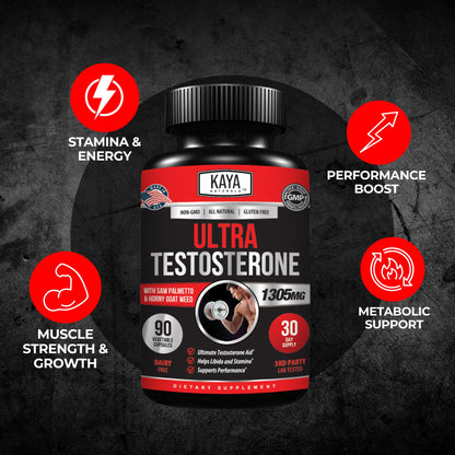 Kaya Naturals Ultra Testosterone Booster for Men - with Tongkat Ali, Horny Goat Weed & Tribulus - Energy, Stamina & Strength Support (90 Count)