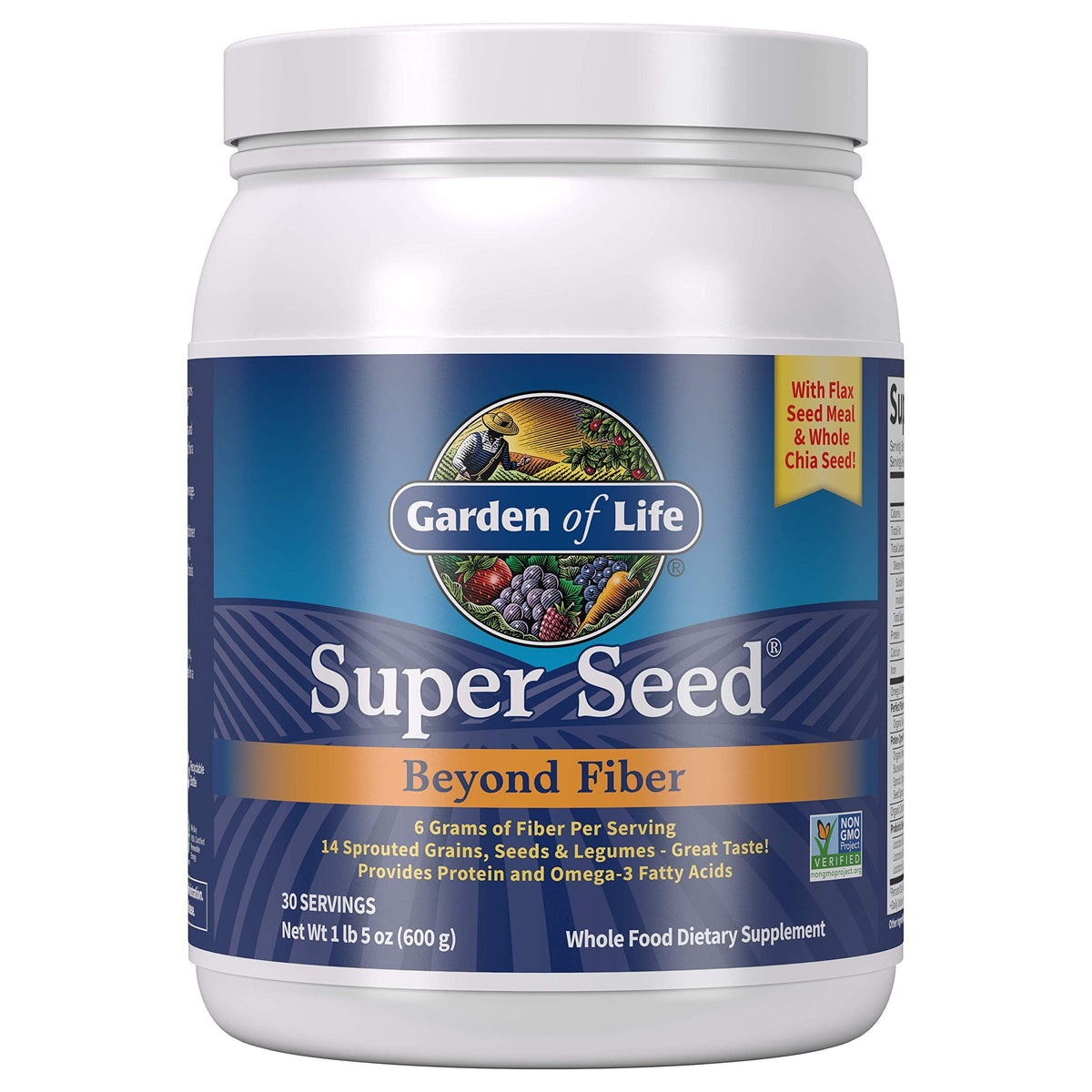 Garden of Life Super Seed Unflavored Fiber Powder, Whole Food Fiber Dietary Supplement with Protein and Omega 3, Vegetarian, 600g Powder