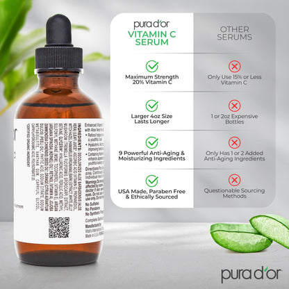PURA D'OR 20% Vitamin C Facial Serum 4 Oz Antioxidant Blend w/Retinol, Hyaluronic Acid, Vitamin E, Ferulic Acid - Hydrating Lightweight Skincare Formula - Men Women Daily Use After Bath Oil Skin Care