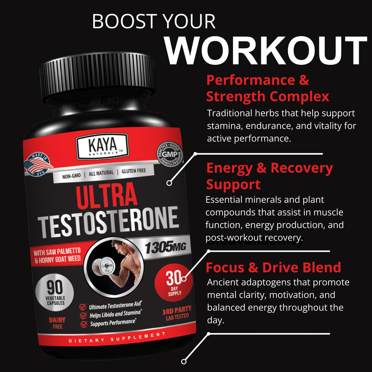Kaya Naturals Ultra Testosterone Booster for Men - with Tongkat Ali, Horny Goat Weed & Tribulus - Energy, Stamina & Strength Support (90 Count)