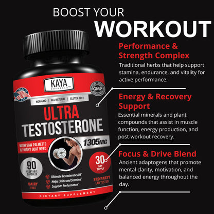Kaya Naturals Ultra Testosterone Booster for Men - with Tongkat Ali, Horny Goat Weed & Tribulus - Energy, Stamina & Strength Support (90 Count)