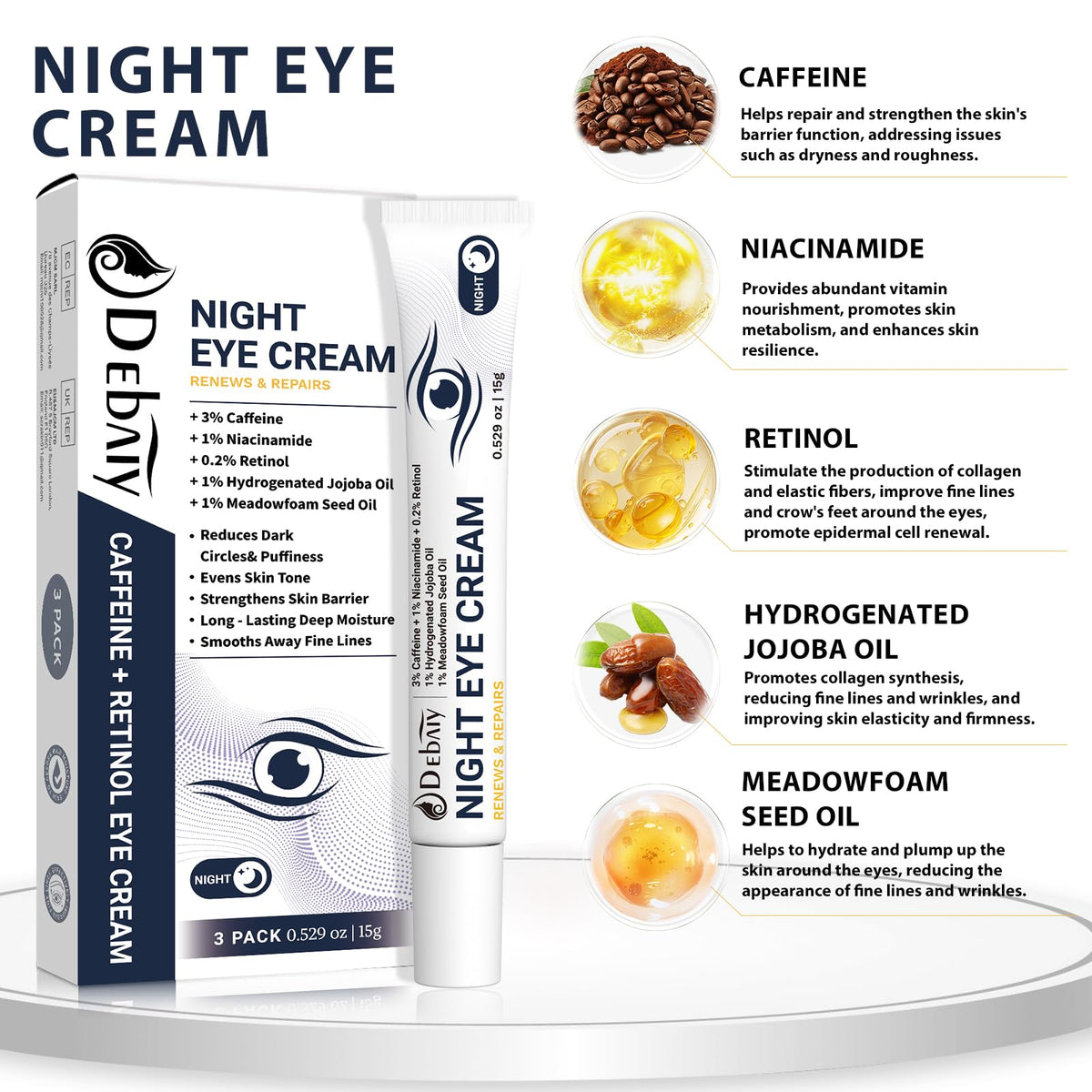 DEBAIY 3% Caffeine Eye Cream for Dark Circles & Puffiness - Anti-Aging Under Eye Treatment for Bags, Night Repair Eye Cream (3 Pack)