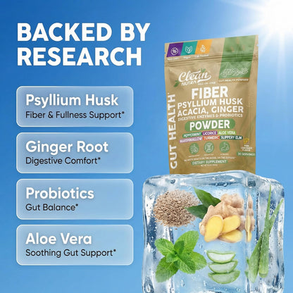 GutResto Fiber Supplement Psyllium Husk Powder Probiotic Gut Health Digestive Enzymes Prebiotic L-Glutamine Slippery Elm Aloe Vera Marshmallow Root Turmeric Ginger Peppermint by Clean Nutra 30 Svgs