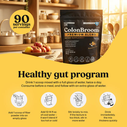 ColonBroom Premium Weight Management Supplement (Strawberry, 90 Servings) - Colon Broom Psyllium Husk Fiber Powder Drink - Gluten Free, Non-GMO Colon Cleanse for Bloating Relief & Gut Health