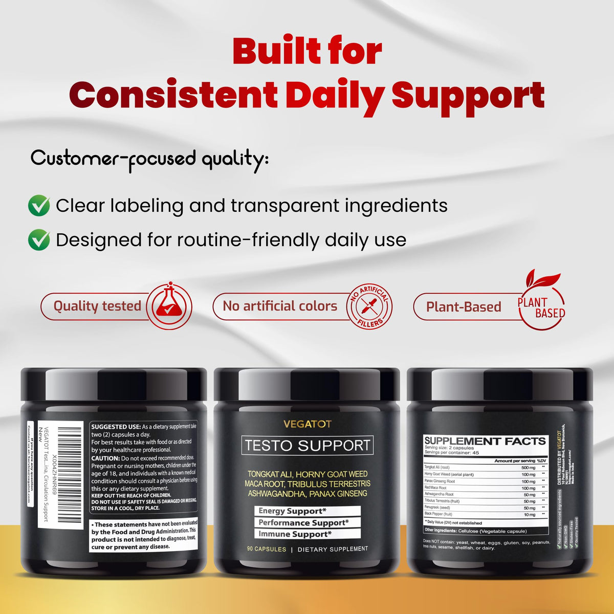8-in-1 Testosterone Support for Men - Tongkat Ali, Ginseng, Maca & Ashwagandha - Energy, Stamina & Performance Supplement - VEGATOT