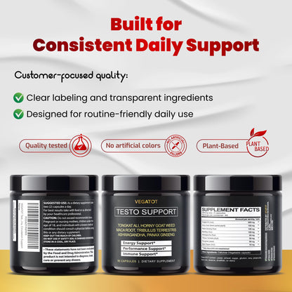8-in-1 Testosterone Support for Men - Tongkat Ali, Ginseng, Maca & Ashwagandha - Energy, Stamina & Performance Supplement - VEGATOT
