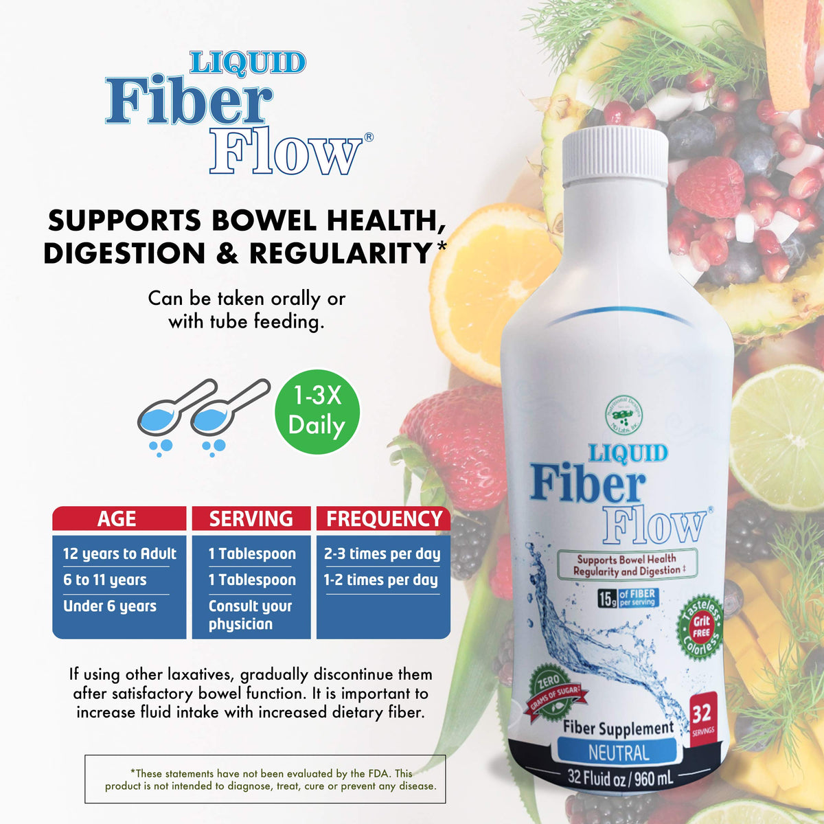 Nutritional Designs Liquid Fiber Supplement, Sugar-Free Prebiotic Inulin Fiber, Fiber Drink Mix, Natural Bowel Regularity Drink for Healthy Intestinal Balance (32 oz Bottle, Neutral)