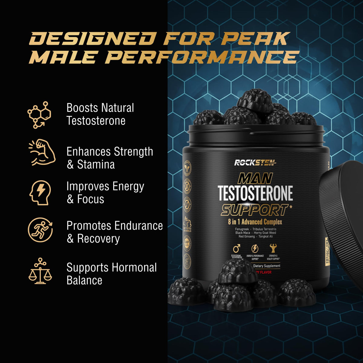 Testosterone Booster Gummies for Men - Energy, Stamina, Libido & Muscle Support Chews - RockSten Performance Supplement