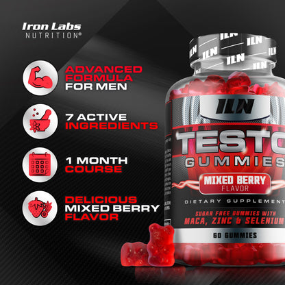 Iron Labs Nutrition Testo Gummies for Men - Maca, Ginseng, Zinc & Selenium Testosterone Support Sugar Free Vegan 60 Gummies