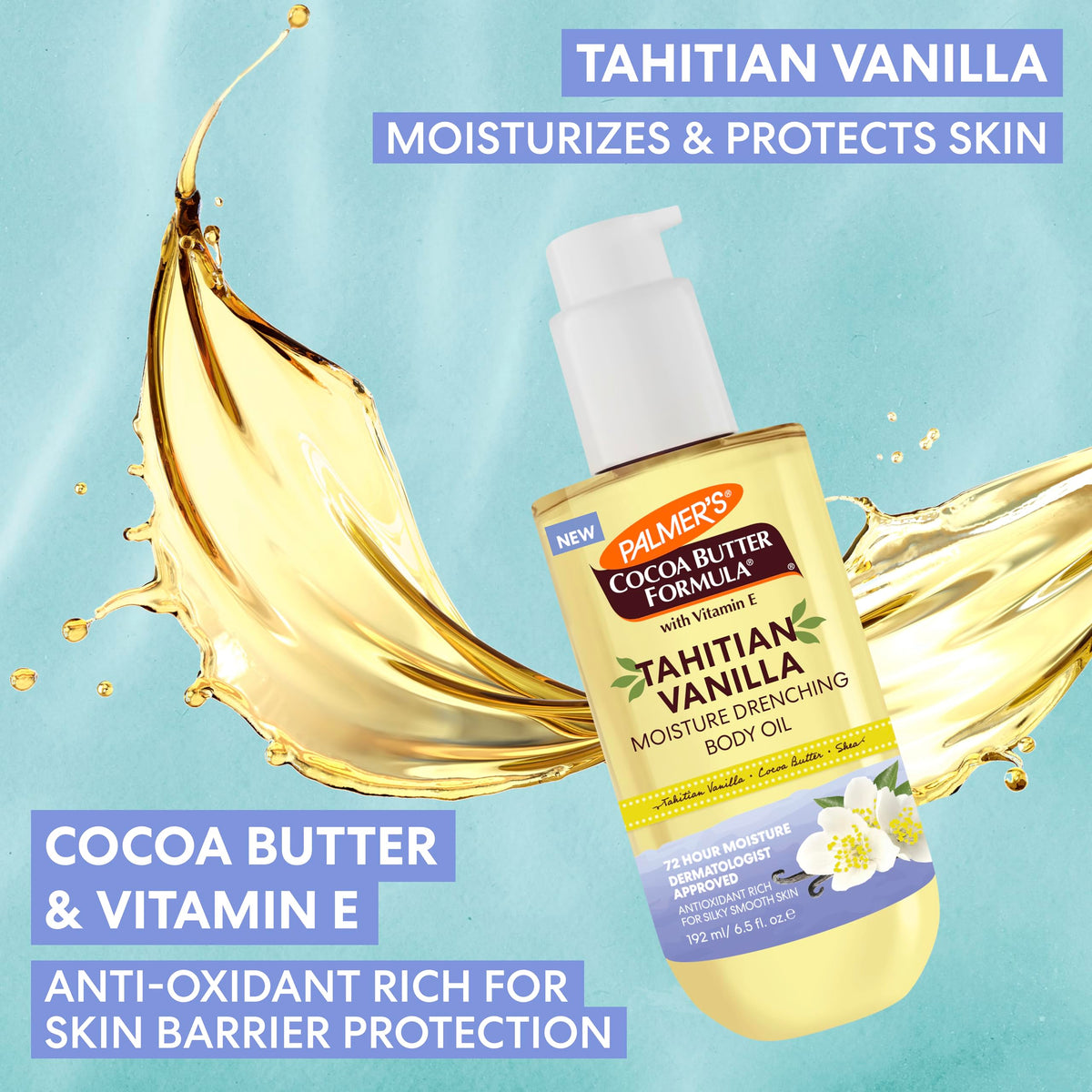 Palmer's Cocoa Butter Formula Body Oil Tahitian Vanilla, 72Hr Hydration with Shea Butter & Vitamin E 6.5 oz
