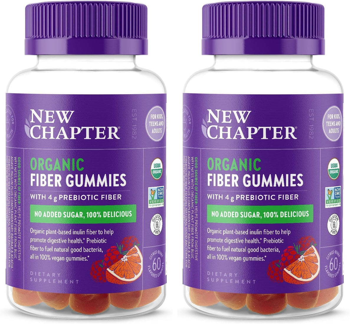 New Chapter Organic Fiber Gummies for Adults & Kids (Age 4+), Plant-Based Prebiotic Fiber for Digestive Health, Vegan, Non-GMO, USDA Organic, Gluten Free, Citrus-Berry Flavored, 60 ct, (Pack of 2)