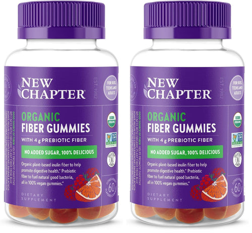 New Chapter Organic Fiber Gummies for Adults & Kids (Age 4+), Plant-Based Prebiotic Fiber for Digestive Health, Vegan, Non-GMO, USDA Organic, Gluten Free, Citrus-Berry Flavored, 60 ct, (Pack of 2)