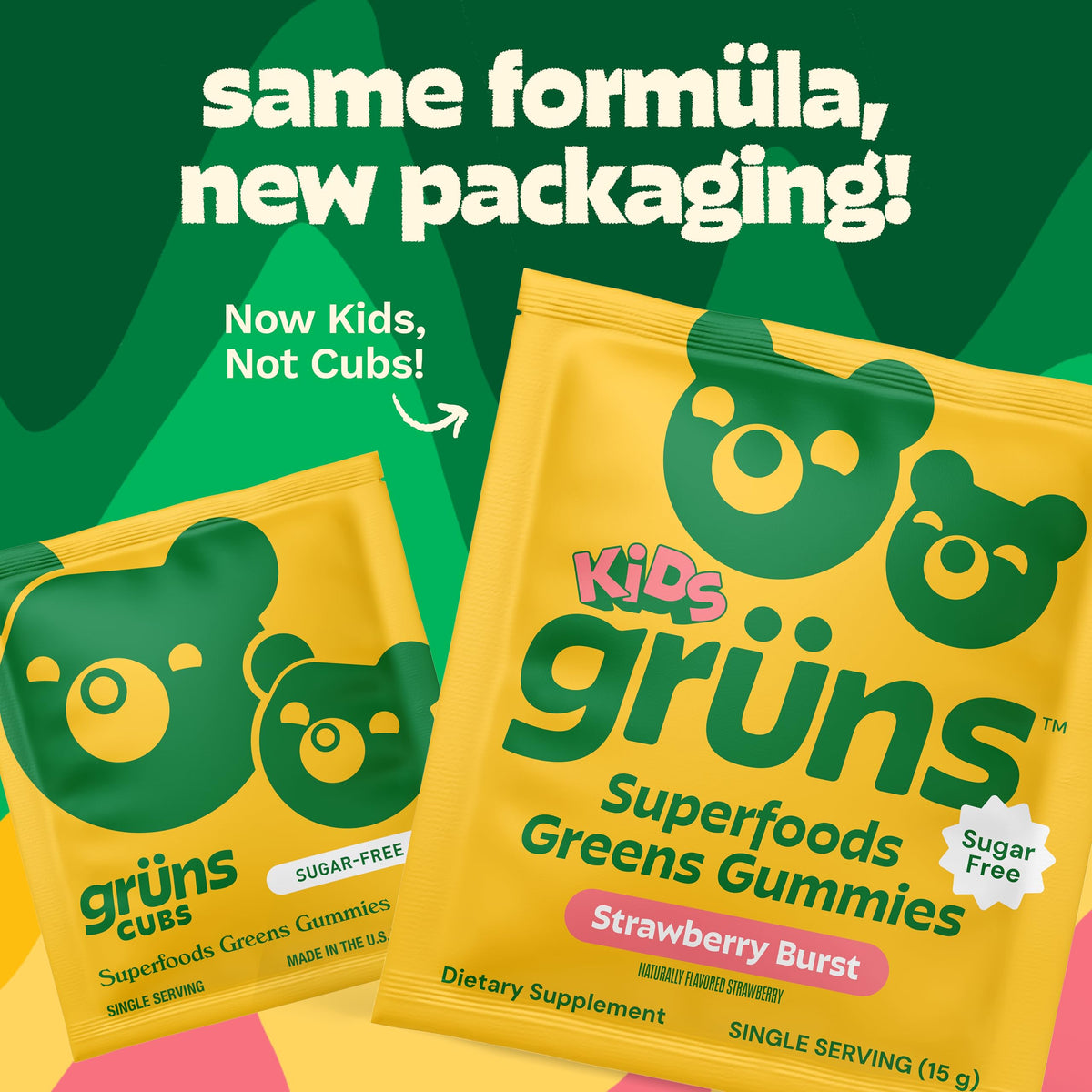 Gruns Multivitamin for Kids, Sugar-Free, Super Greens Superfood Gummy Bears with 20 Vitamins & Minerals, Alfalfa, Spirulina, Chlorella, Prebiotics Fiber for Digestive Health, Adaptogens, 28 ct