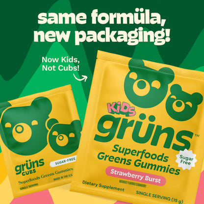 Gruns Multivitamin for Kids, Sugar-Free, Super Greens Superfood Gummy Bears with 20 Vitamins & Minerals, Alfalfa, Spirulina, Chlorella, Prebiotics Fiber for Digestive Health, Adaptogens, 28 ct