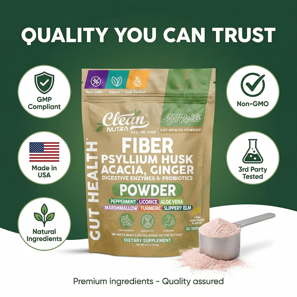 GutResto Fiber Supplement Psyllium Husk Powder Probiotic Gut Health Digestive Enzymes Prebiotic L-Glutamine Slippery Elm Aloe Vera Marshmallow Root Turmeric Ginger Peppermint by Clean Nutra 30 Svgs