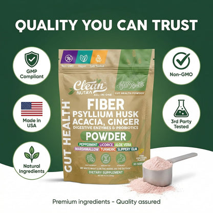 GutResto Fiber Supplement Psyllium Husk Powder Probiotic Gut Health Digestive Enzymes Prebiotic L-Glutamine Slippery Elm Aloe Vera Marshmallow Root Turmeric Ginger Peppermint by Clean Nutra 30 Svgs