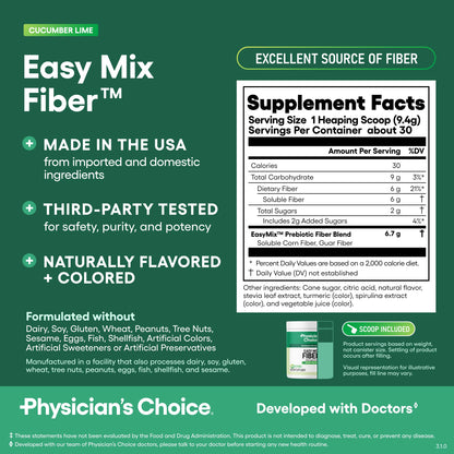 Physician's CHOICE Easy Mix Fiber for GLP-1 Support - No Grit - Daily Prebiotic Soluble Fiber Powder Supplement for Women and Men - Cucumber Lime - 30 Servings