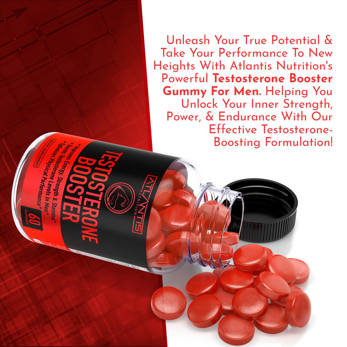 Testosterone Booster Gummies for Men - Strength, Stamina & Performance Support with Tribulus, Maca & Horny Goat Weed - Atlantis Nutrition (2 Pack, 120 Gummies)