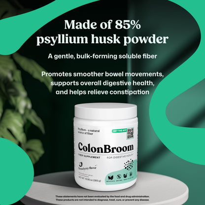 ColonBroom Psyllium Husk Powders (Strawberry, 150 Servings) - Colon Cleanse for Bloating Relief & Gut Health - Colon Broom Fiber Powder Drink - Vegan, Gluten Free, Non-GMO Fiber Powder Supplement