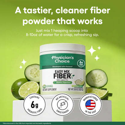 Physician's CHOICE Easy Mix Fiber for GLP-1 Support - No Grit - Daily Prebiotic Soluble Fiber Powder Supplement for Women and Men - Cucumber Lime - 30 Servings