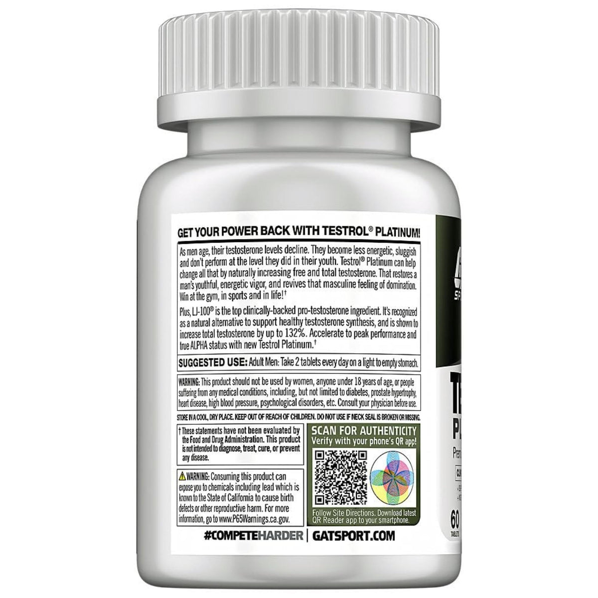 GAT Sport Testrol Platinum Testosterone Booster for Men - Boron, Vitamin D & Zinc - Stamina, Libido & Performance Support - 60 Tablets
