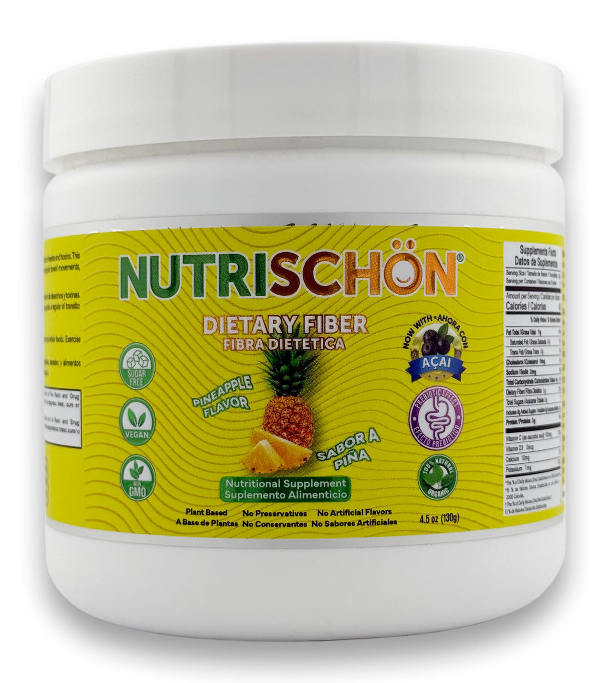 NUTRISCHON - Dietary Fiber Supplement - Relieves Constipation Naturally, Supports Gut Health & Regularity, with Added Açai, Sugar Free, Non-GMO - (4.5 oz, Pineapple)