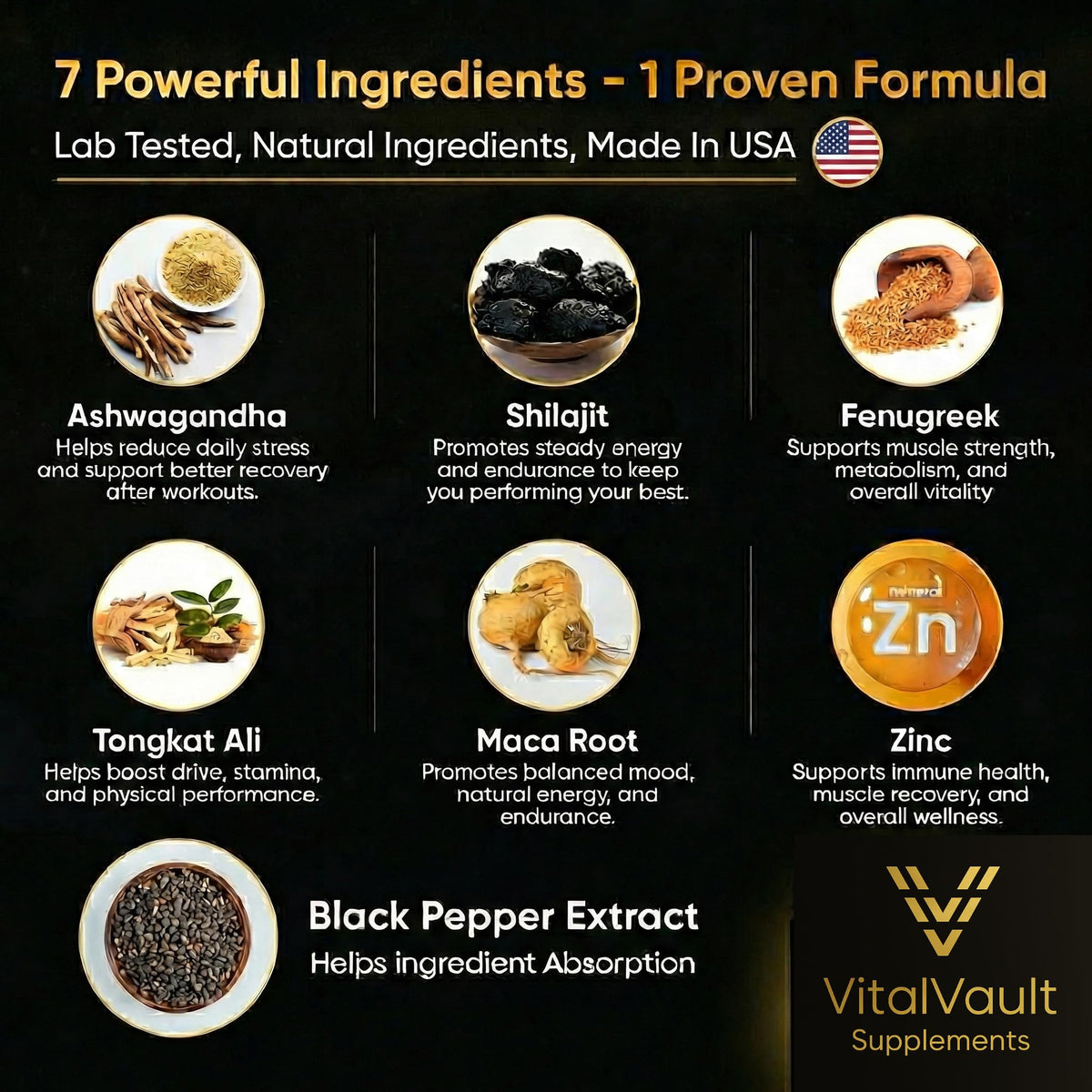 7-in-1 Testosterone Booster for Men - Tongkat Ali, Maca, Ashwagandha & Shilajit - Energy, Strength & Stamina Support - VitalVault (60 Capsules)