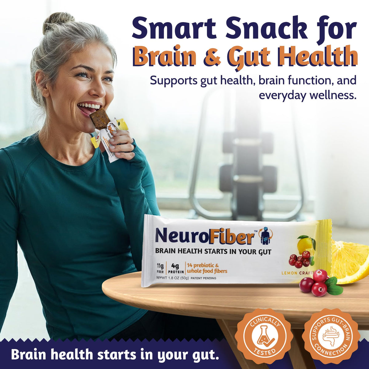 NeuroFiber Prebiotic High Fiber Bars - Gut Health, Bowel Regularity & Brain Function Support - Plant-Based, Gluten Free, Vegan (Lemon Cranberry)