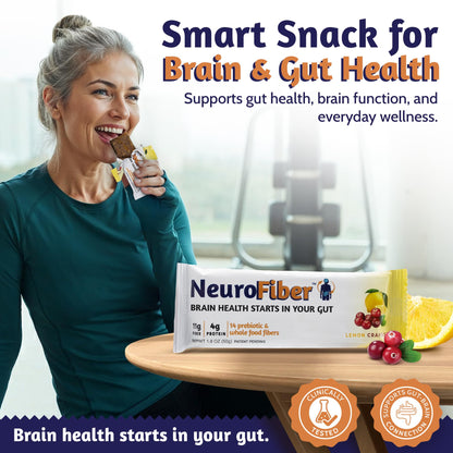 NeuroFiber Prebiotic High Fiber Bars - Gut Health, Bowel Regularity & Brain Function Support - Plant-Based, Gluten Free, Vegan (Lemon Cranberry)