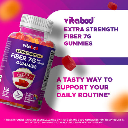 Vitabod Fiber Gummies 7G Per Serving for Digestive Health & Regularity, Prebiotic GOFOS Plant-Based Fiber, No Sugar Added, Vegan, Berry Peach Strawberry, 120 Gummies (Adults, Women & Men)