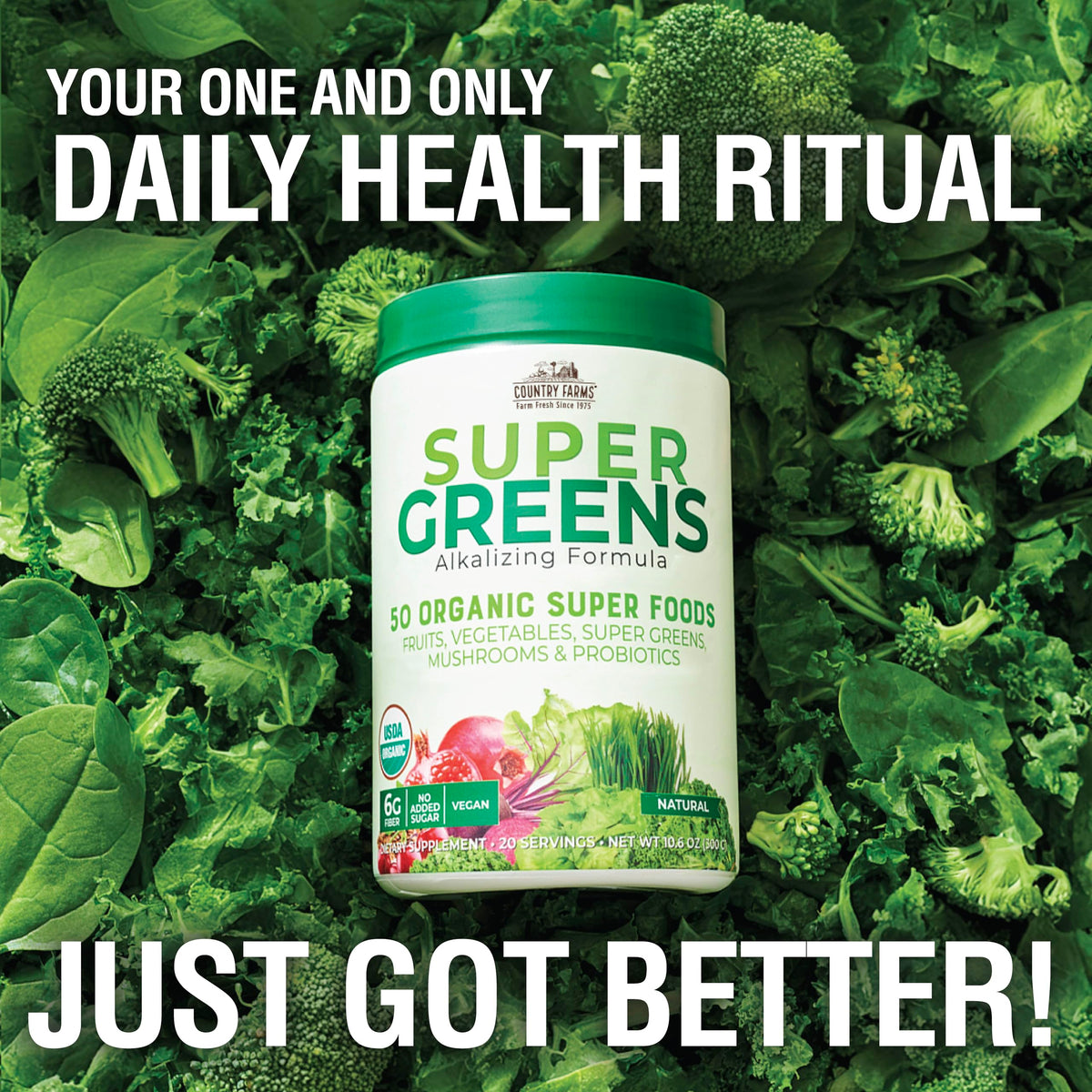 Country Farms Organic Super Greens Powder, 50 Organic Superfoods, Daily Greens Drink Mix with Fruits, Vegetables, Fiber, Probiotics & Mushrooms, Supports Energy, Gut Health & Digestion, Natural Flavor