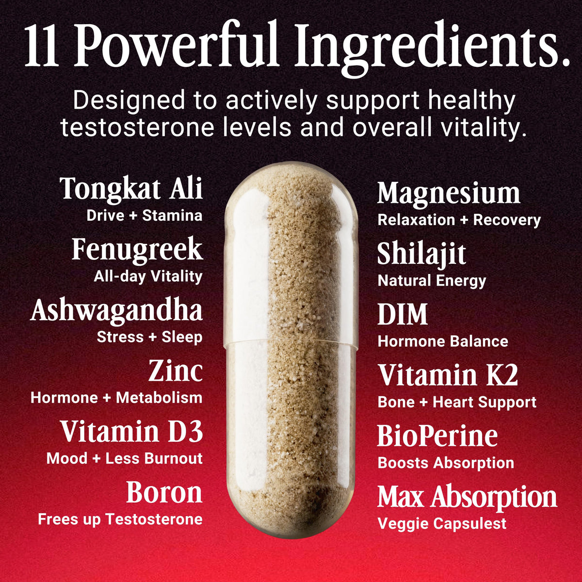 11-in-1 Testosterone Booster for Men - Energy, Drive & Performance Support with Tongkat Ali, Ashwagandha & Fenugreek - OPEN Essentials (120 Capsules, USA Made)